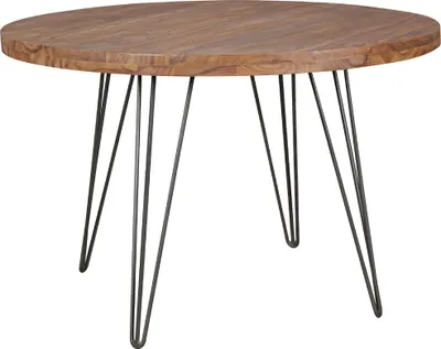 A round wooden dining table with black metal hairpin legs against a white background.
