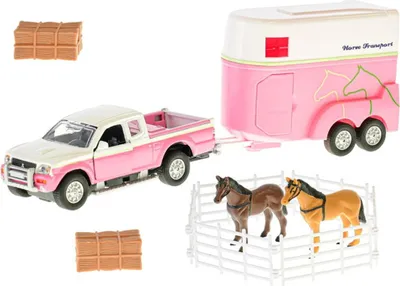 Obrázek produktu pro Kids Globe Horses Mitsubishi s přívěsem na koně a příslušenstvím růžový 27 cm 1:32