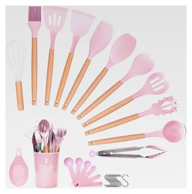 Produktbild von Küchenhelfer Set, 29-teiliges Silikon Küchenutensilien Set mit Utensilienhalter, hitzebeständiger Holzgriff, Löffel, Spachtel und Pfannenwender (Rosa)