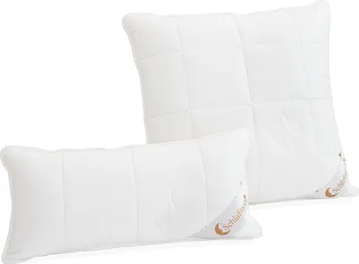 Two white pillows, one rectangular and one square, are shown against a white background.