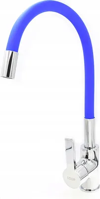 A blue flexible kitchen faucet with a chrome handle and spout.
