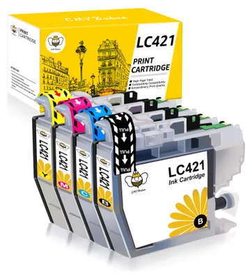 A product shot of four ink cartridges and their packaging.