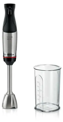 A Bosch hand blender and a measuring cup are shown against a white background.