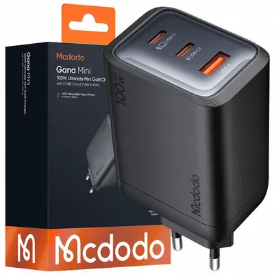 Produktbild von Mcdodo Gana Mini 100W GaN Ladegerät, 3 Ports, USB-C/USB-A, schwarz