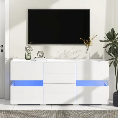 Productafbeelding van Witte LED-dressoir van 140x35x72 cm, gemaakt van MDF, met twee deuren van acryl en vier lades, geschikt voor woonkamer en eetkamer