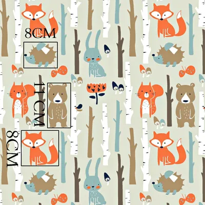 Produktbild von Baumwolle 100% Tiere im Wald auf beigem Hintergrund.