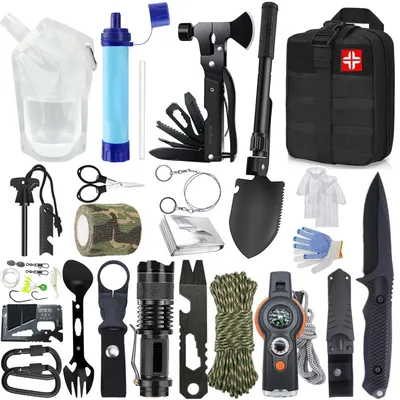Produktbild von Survival Kit 22 in 1 Outdoor Notfall Set mit Wasserfilter und Wasserbeutel Schwarz