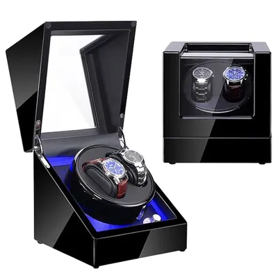 Productafbeelding van Olvy horlogewinder voor 2 horloges, met een extreem stille motor, zwarte lakafwerking met LED-verlichting, horlogewinder