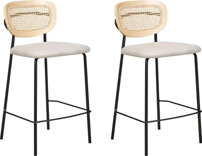 Produktbild von BELIANI Set aus 2 Barstühlen Hellbeige Polyesterpolsterung Naturrattan Wiener Geflecht Rückenlehne Schwarz Metallbeine Armlose Hocker