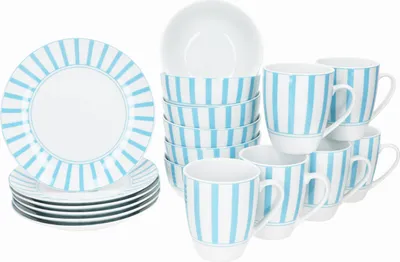 Immagine prodotto di Set da colazione Split turchese 18 pezzi Piatti Ciotole Tazze a righe