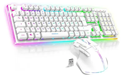 A white gaming keyboard and mouse set with RGB lighting is displayed on a white background.