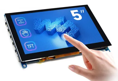 Productafbeelding van Waveshare 5-inch capacitief touchscreen LCD-scherm met HDMI-aansluiting (horizontaal), resolutie 800x480. Compatibel met alle Raspberry Pi, Windows 10/8.1/8/7 computers, monitors, gameconsoles en mini-pc's. Zwart, 5-inch scherm