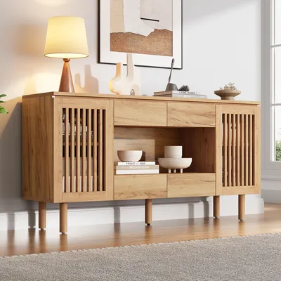 Immagine prodotto di Mobile contenitore MODFU, 140x35x71 cm, con 4 cassetti e 2 ante a listelli, mobile da soggiorno, credenza con 5 gambe in legno massello, colore naturale