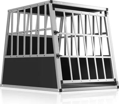 A dog transport box shown from a front-side angle on a white background.