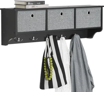 Produktbild von SoBuy Wandgarderobe Flurgarderobe Kleiderhaken Wandregal mit 3 Körben & 5 Haken Garderobenleiste Hängeregal für Flur Schlafzimmer BadezimmerFRG282-SCH