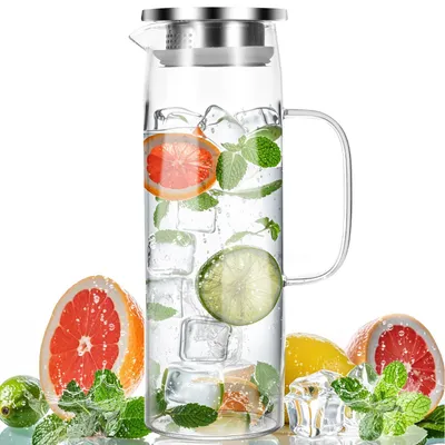 Produktbild von Glaskanne Wasserkaraffe Teekanne - 1,5 Liter - Borosilikatglas - Mit Deckel - Tropffreier Ausguss - Für warmes und kaltes Wasser