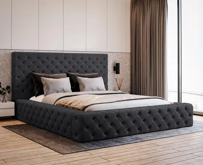 Obrázek produktu pro Čalouněná postel 160x200 Amor s úložným prostorem, kovovým roštem – dvojlůžko Chesterfield z velurové látky (černá – Elegance 21)