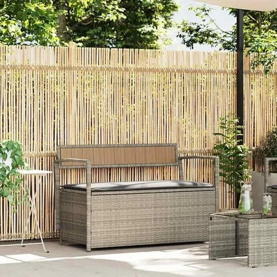 Produktbild von Gartenbank mit Stauraum und Kissen Hellgrau Poly Rattan wetterfeste Sitzbank für Balkon und Terrasse mit Armlehne und Rückenlehne Bequeme Sitzgelegenheit für Outdoor und Veranda