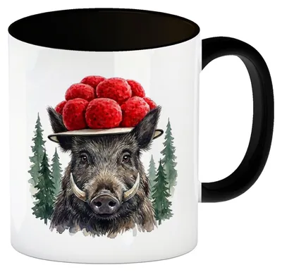 Produktbild von Wildschwein mit Bollenhut Kaffeebecher in schwarz Schwarzwald Motiv