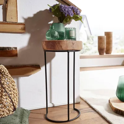 Produktbild von FineBuy Beistelltisch Akazie Massiv-Holz Wohnzimmer-Tisch Metallbeine Landhaus Baumstamm-Form Echt-Holz Natur