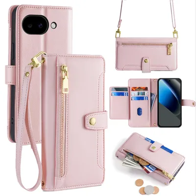 Produktbild von Handykette Google Pixel 10A Hülle mit Band Handyhülle Kartenfächer Kunstleder Umhängetasche in Rosa