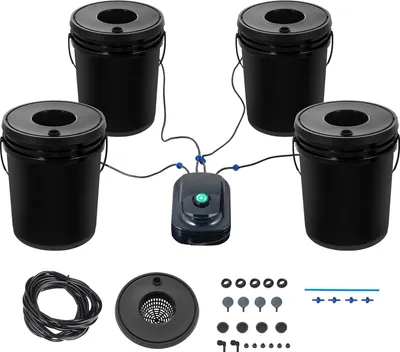 A hydroponic growing system with four buckets, an air pump, and various accessories, laid out on a white background.