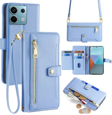 Produktbild von Handykette Xiaomi Hülle mit Band Handyhülle Kartenfächer Kunstleder Umhängetasche Redmi Note 13 Pro 5G Hellblau