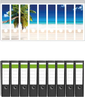 Produktbild von Wallario 9 Stück breite Ordner inkl. Klebeetiketten mit Motive Südseestrand in der Karibik mit Palme -  Set mit Rückenschildern / Ordnerrücken Stickern