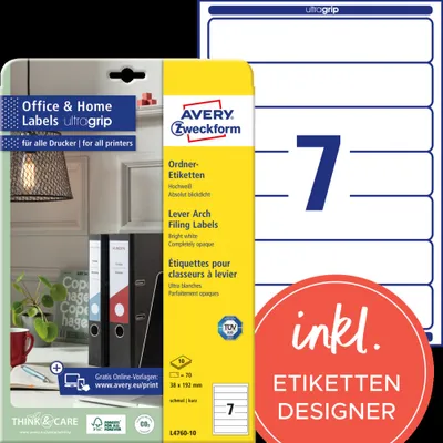Produktbild von Avery Zweckform L4760-10 Ordner-Etiketten, Home Office, Kleinpackung, A4 mit ultragrip, 38 x 192 mm, 10 Bogen/70 Etiketten, weiß