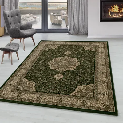 Produktbild von SIMPEX Orientteppich, Grün, 240x340 cm, Teppich mit kurzem Flor im klassischen Vintage-Stil, geeignet für große Wohnzimmer, Essbereiche oder offene Räume. Einfache Pflege, langlebig, dekorative Raumwirkung
