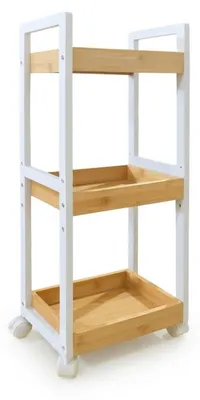 Obrázok produktu pre Vozík Relaxdays, 3 priehradky, bambus, rozmery: 80x30x20 cm, do kúpeľne a kuchyne, MDF, úzky vozík do výklenku, vozík, prírodná farba/biela
