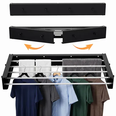 Image de Support mural pliable pour étendoir à linge, séchoir mural résistant aux intempéries, porte-serviettes de 80 cm, avec 5 barres, capacité de 25 kg, couleur noire