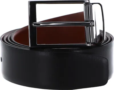 A close-up shot of a black leather belt with a silver buckle, rolled up.