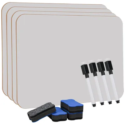 Produktbild von 4 kleine Whiteboards, Mini-A4-Whiteboards, abwischbar, inklusive 4 Markern und 4 Schwämmen, kleine Whiteboards für Klassenzimmer, Zuhause und Büro