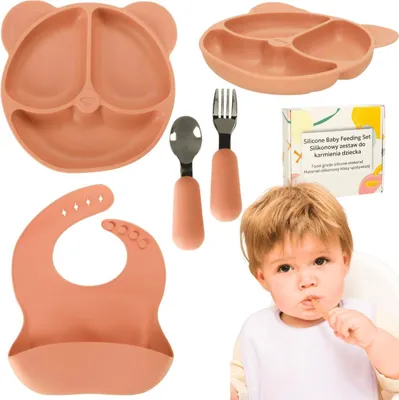 Image de Vaisselle bébé silicone Orange set 4 pièces assiette bavoir cuillère fourchette