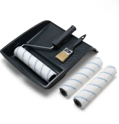 Produktbild von Malerset 5tlg für mittelgroße Flächen PL150 - Farbroller 25cm + 2 Ersatzrolle + Farbwanne + Pinsel 50mm