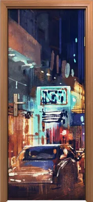 Produktbild von Türposter 80x200 cm Türaufkleber Türtapete Türfolie Klebefolie Stadt Straße Gebäude Baum Nacht