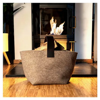 Produktbild von Kaminholzkorb aus Filz [40L] - Holzkorb für Kaminholz mit Echtlederhenkel - Stabil und standfest (Beige - 40L)