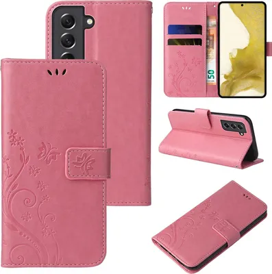 Produktbild von Handyhülle für Samsung Galaxy S22 Floral Blumen Schmetterling Flip Cover Hülle Case Klapphülle Handytasche Farbe: Rosegold