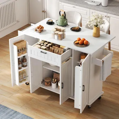 Productafbeelding van Keukeneiland 120x45(70)x95, met opklapbaar werkblad, 4 deuren, 1 lade, geïntegreerde kruidenrekken, handdoekhouder, wit.