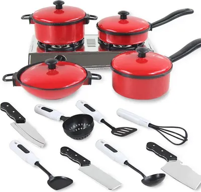Image de Set de cuisine pour enfants - 13 pièces, rouge, plastique - Pour les jeux de rôle, les filles & les jouets éducatifs