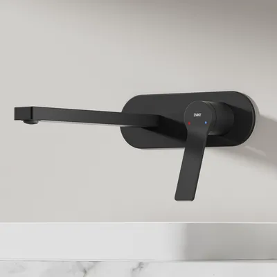A black wall-mounted faucet with a single lever is shown against a plain white background.