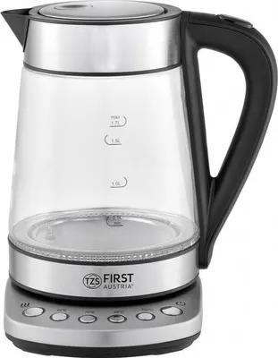A studio product shot of a glass electric kettle on its base.