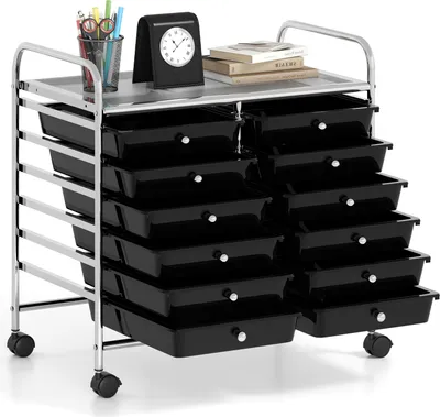 Zdjęcie produktu dla Wózek COSTWAY z 12 szufladami do sztaplowania, wózek szufladowy z metalową ramą i półką 64 x 38 x 62 cm czarny