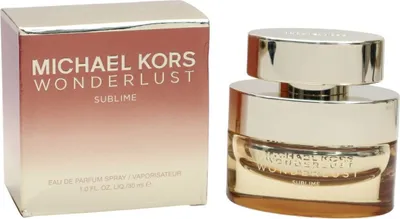 Michael Kors Wonderlust Sublime Eau de Parfum, 30 ml, in goldenem Glasflakon mit glänzender Verschlusskappe, daneben passende Farbverlauf-Verpackung.