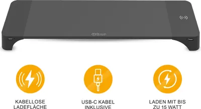 Produktbild von Miraval Monitor-Ständer mit kabelloser Ladefläche, 2× USB-A + USB-C, Schwarz, 15 W