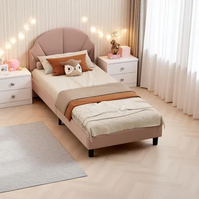 Image de Lit enfant INONEFT, modèle matelas 90x190 cm, lit pour fille avec sommier à lattes, lit simple, lit pour chambre d'enfant, revêtement en velours, couleur rose