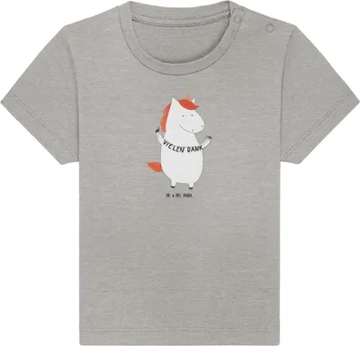 Produktbild von Mr. & Mrs. Panda  T-Shirt Einhorn Dankeschön 12. - 18. Monat - Heather Grey - Geschenk, Baby Shirt, Danke, Vielen Dank, Einhörner, Organic, Danksagung, Unicorn, Kinder