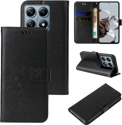Produktbild von Handyhülle für Xiaomi 14T Pro Floral Blumen Schmetterling Flip Cover Hülle Case Klapphülle Handytasche Farbe: Schwarz