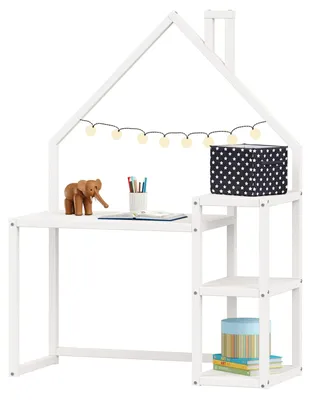 Produktbild von Kinderschreibtisch NIVIA Hausform weiß mit Regal Stauraum gefertigt aus Kiefer Massiv. Stabil langlebig perfekt für Kinderzimmer. Montessori-Möbel ideal für Hausaufgaben oder Bastelarbeiten.